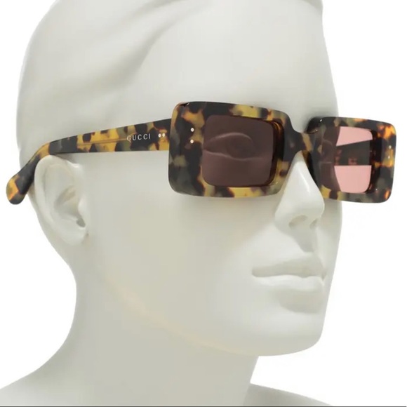 GUCCI UNISEX RECTANGULAR HAVANA SUNGLASSES - Picture 13 of 16